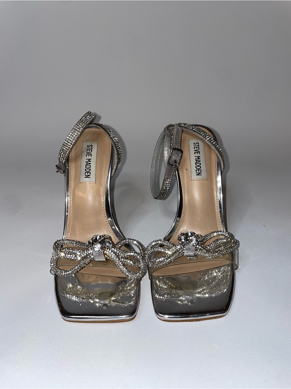 Steve Madden Silver Crystal Bow Ankle-Strap Heels